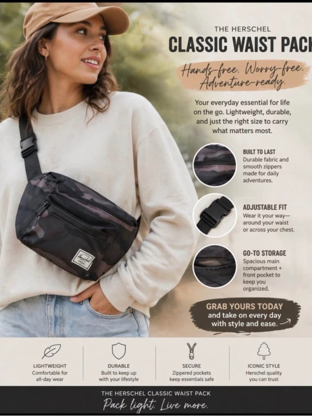 Herschel Classic Waist Pack Crossbody Bag - Black Camo
